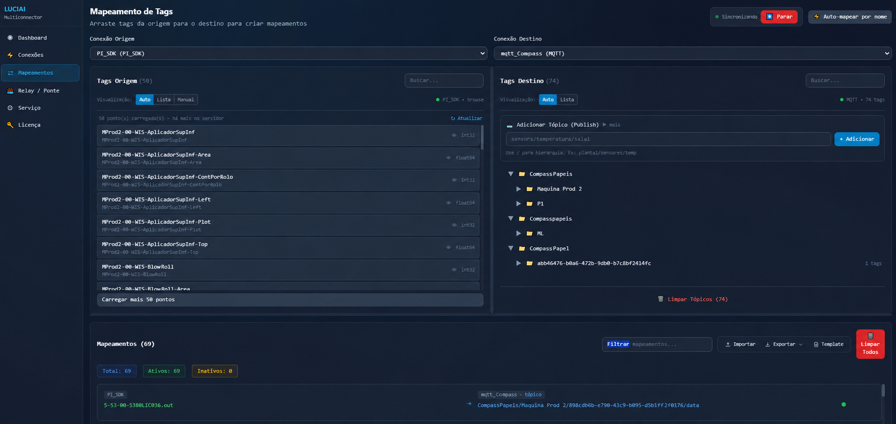 Tela de mapeamento de tags com origem, destino e lista de mapeamentos