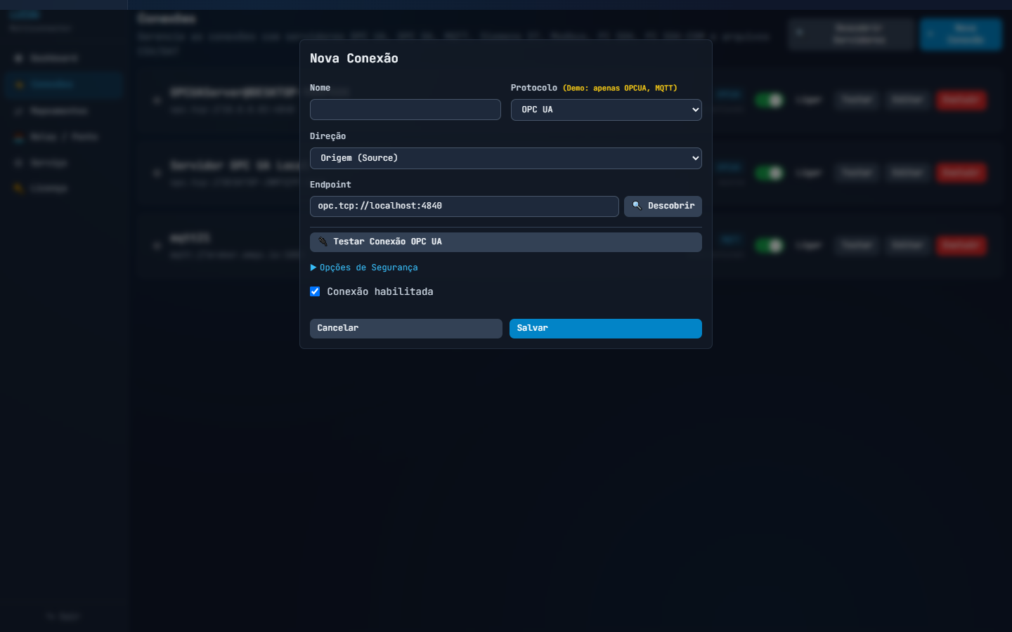 Cadastro de conexão OPC UA com endpoint, direção e teste