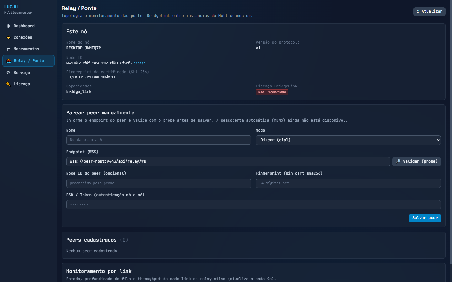 Tela Relay com identidade do nó, pareamento de peer e monitoramento de links