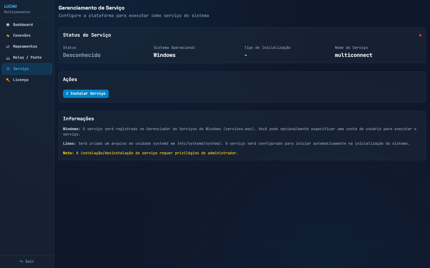 Tela de serviço do Luciai Multiconnector no Windows, com instalação do serviço